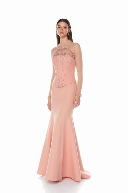 Pudra Korse Detaylı Dantel Görünümlü Abiye Elbise